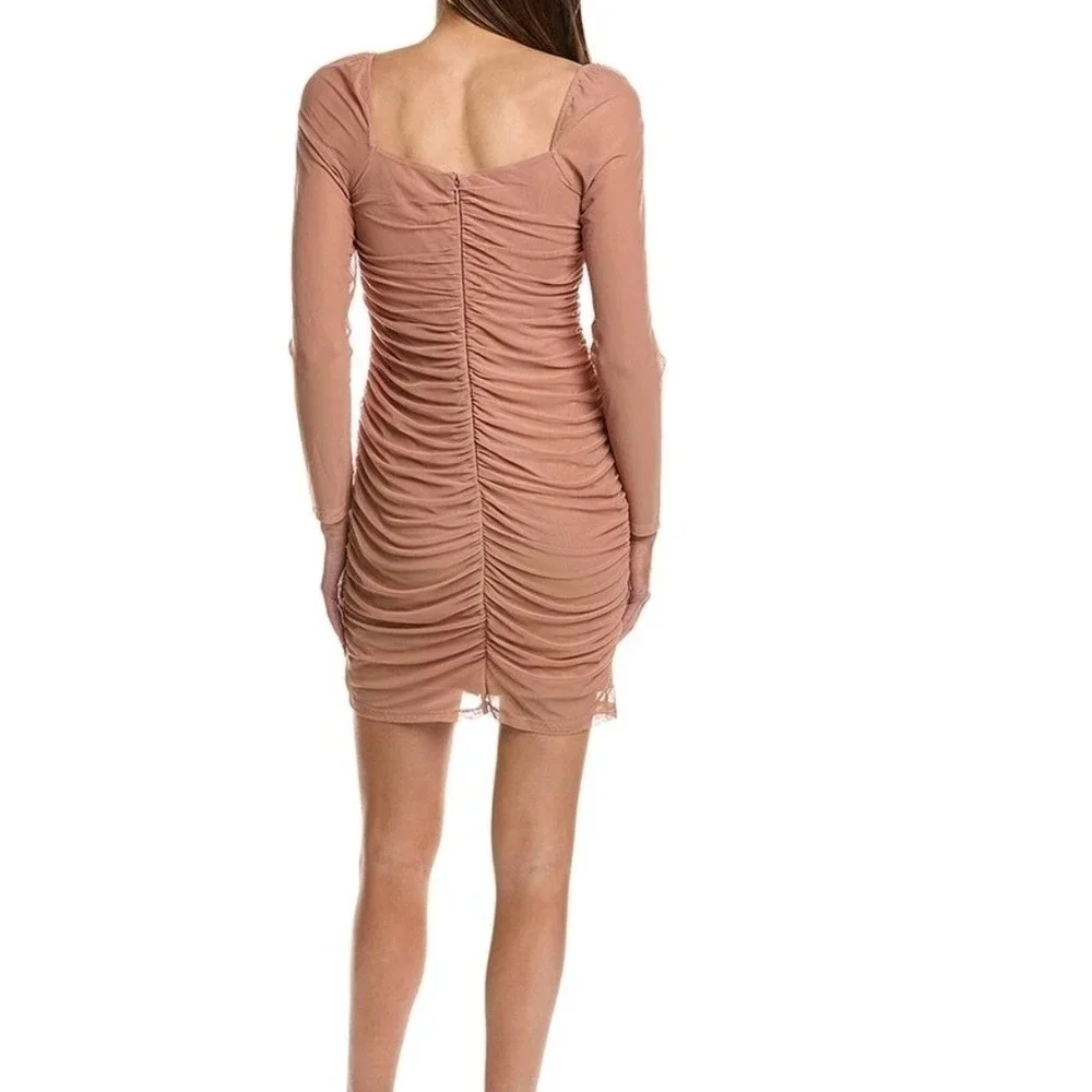 FRENCH CONNECTION Toni Ruched Mesh Long Sleeve Bodycon Mini Dress Blush Size‎ M